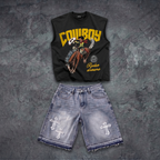 Cowboy Rodeo Dreams Tank Top & Letter Embroidered Denim Shorts Set