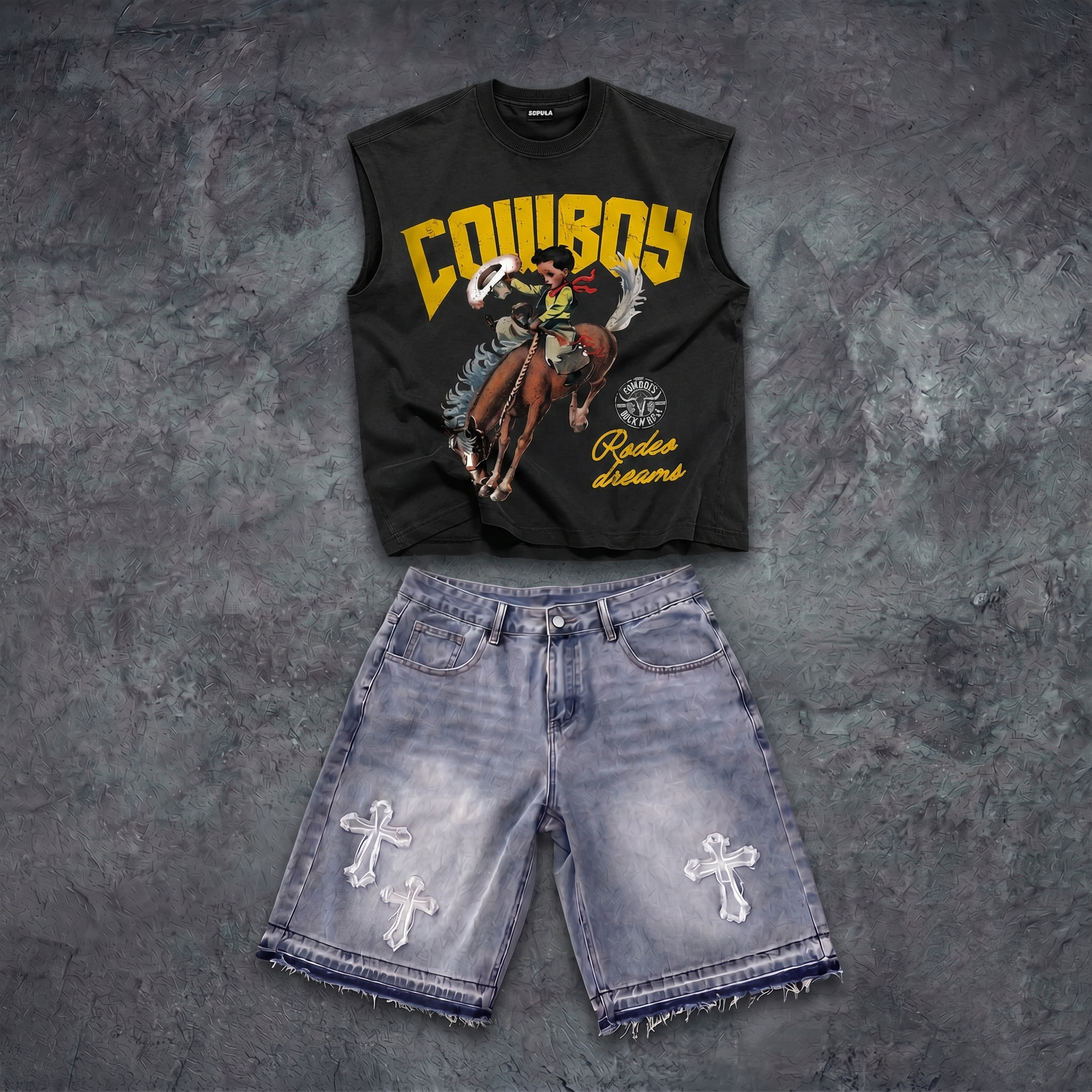 Cowboy Rodeo Dreams Tank Top & Letter Embroidered Denim Shorts Set