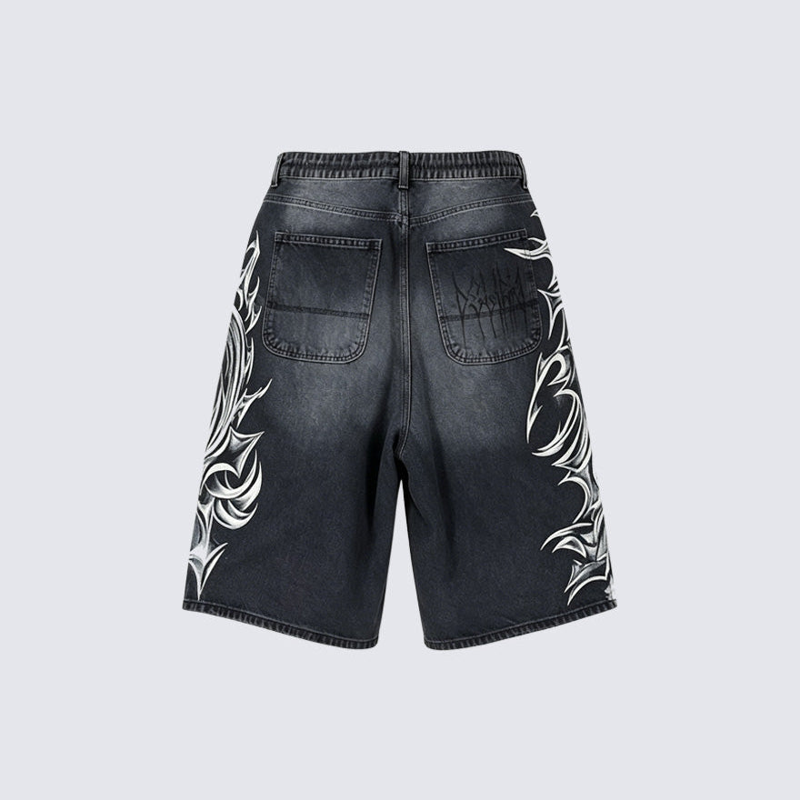 American Vintage Washed Tribal Print Denim Shorts