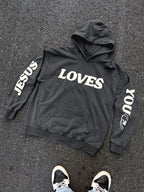 Puff Print Jesus Loves You Graphic Heavyweight Washed Hoodie