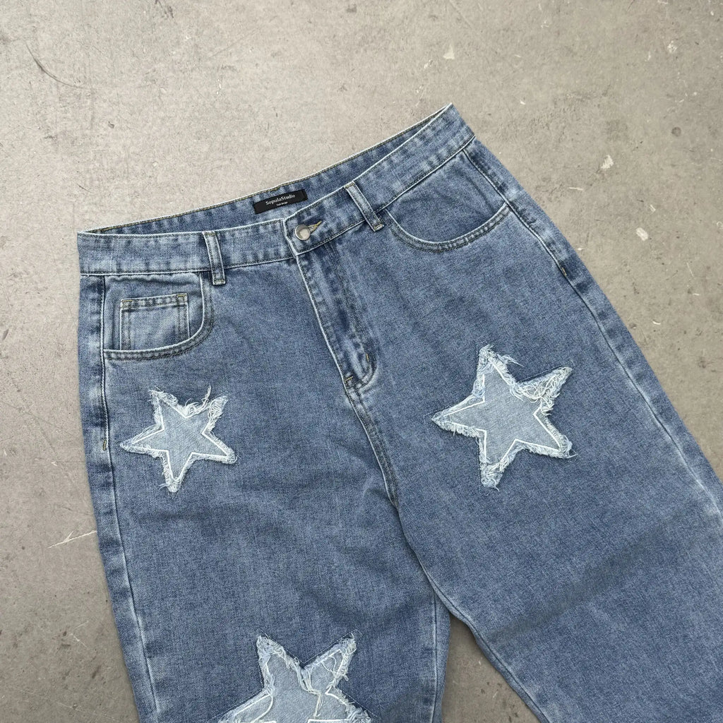 Men's Distressed Stylish Star Patch Street Jeans