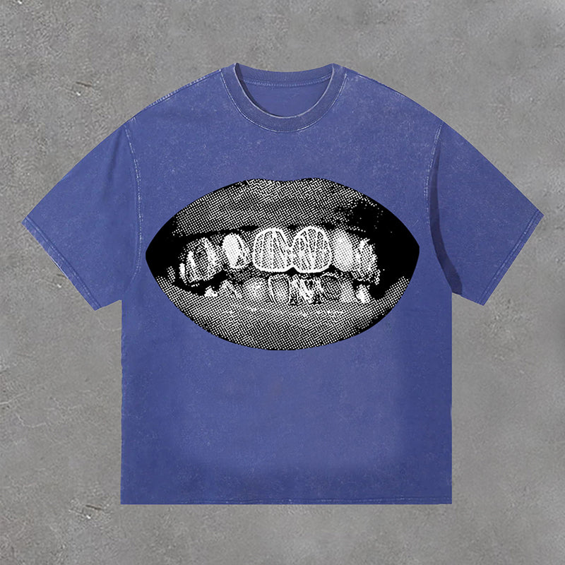 Mens Retro Casual Personalized Lip Print Acid Washed Short Sleeve T-Shirt