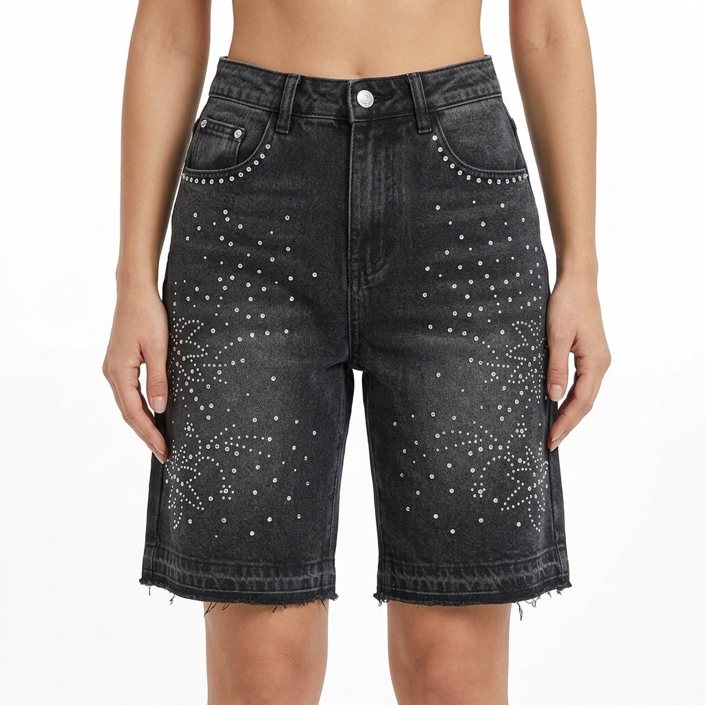 Men's Retro Washed AppliquÉ Rhinestone Y2k Denim Shorts