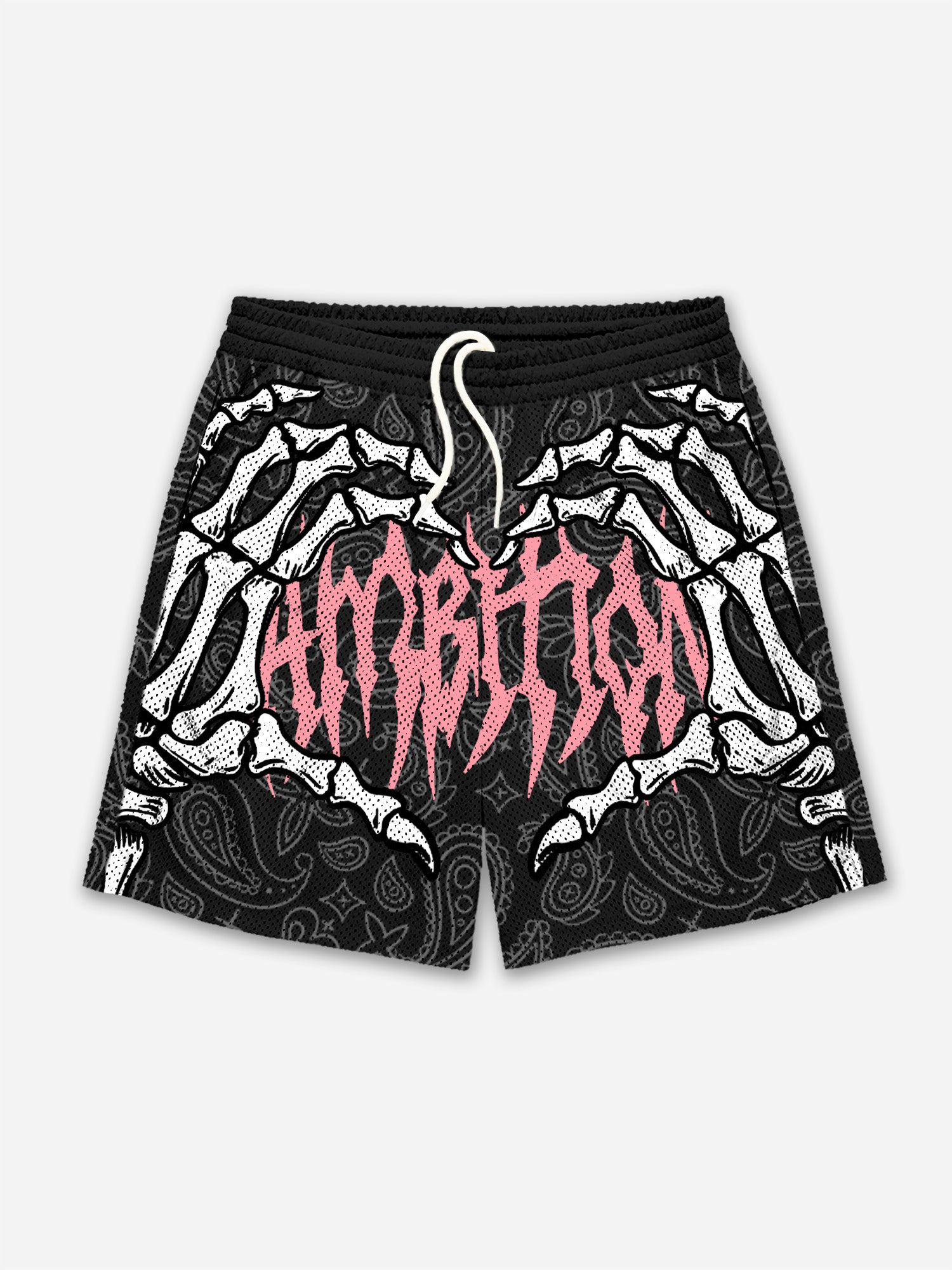 Ambition Skull Hand Cashew Flower Graphic Mesh Shorts