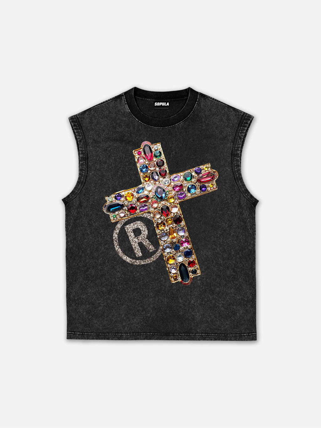 Diamond Cross Graphic Casual Acid Washed Tank Top