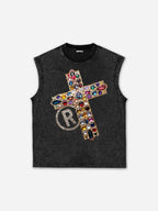 Diamond Cross Graphic Casual Acid Washed Tank Top