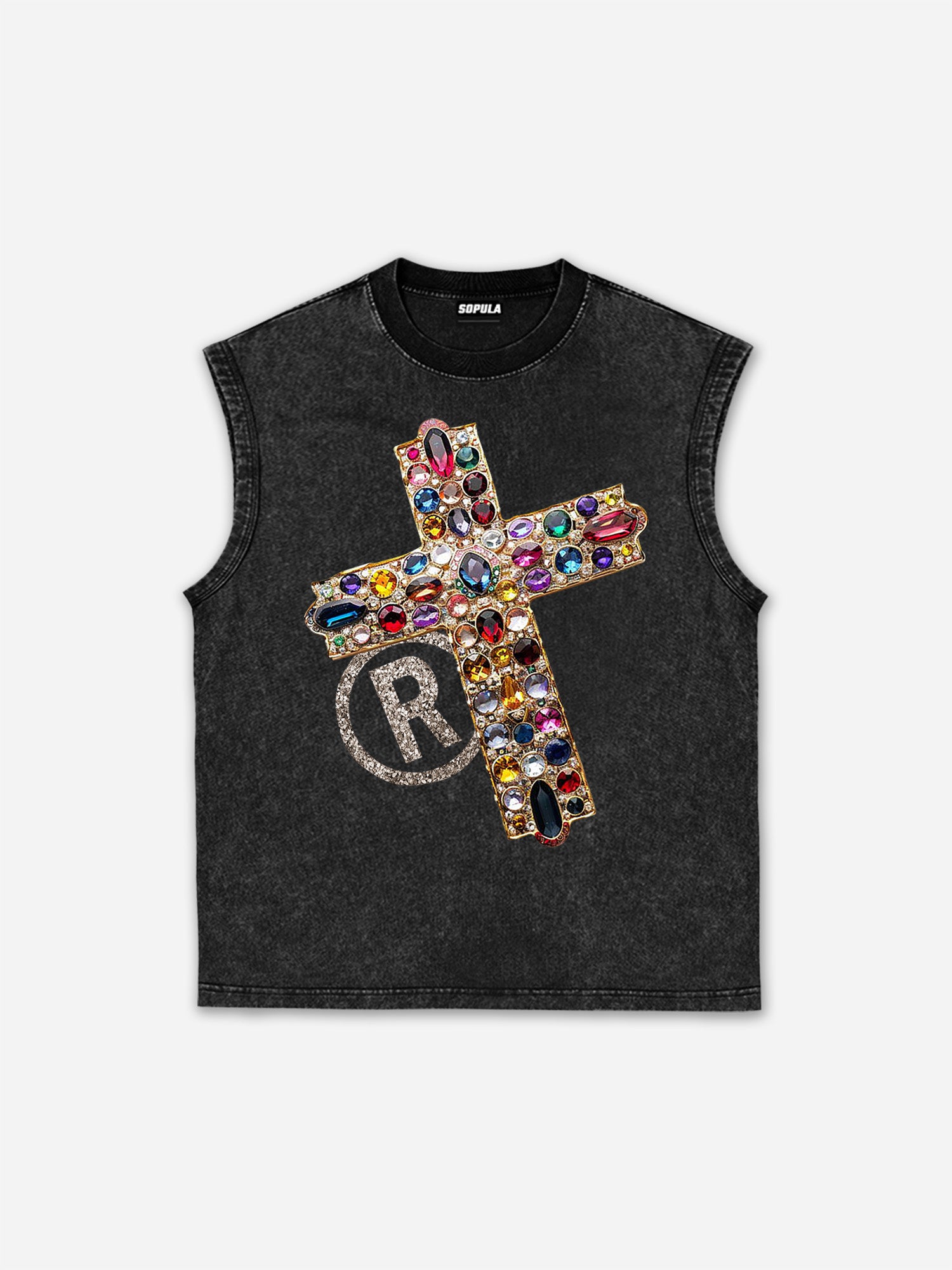 Diamond Cross Graphic Casual Acid Washed Tank Top