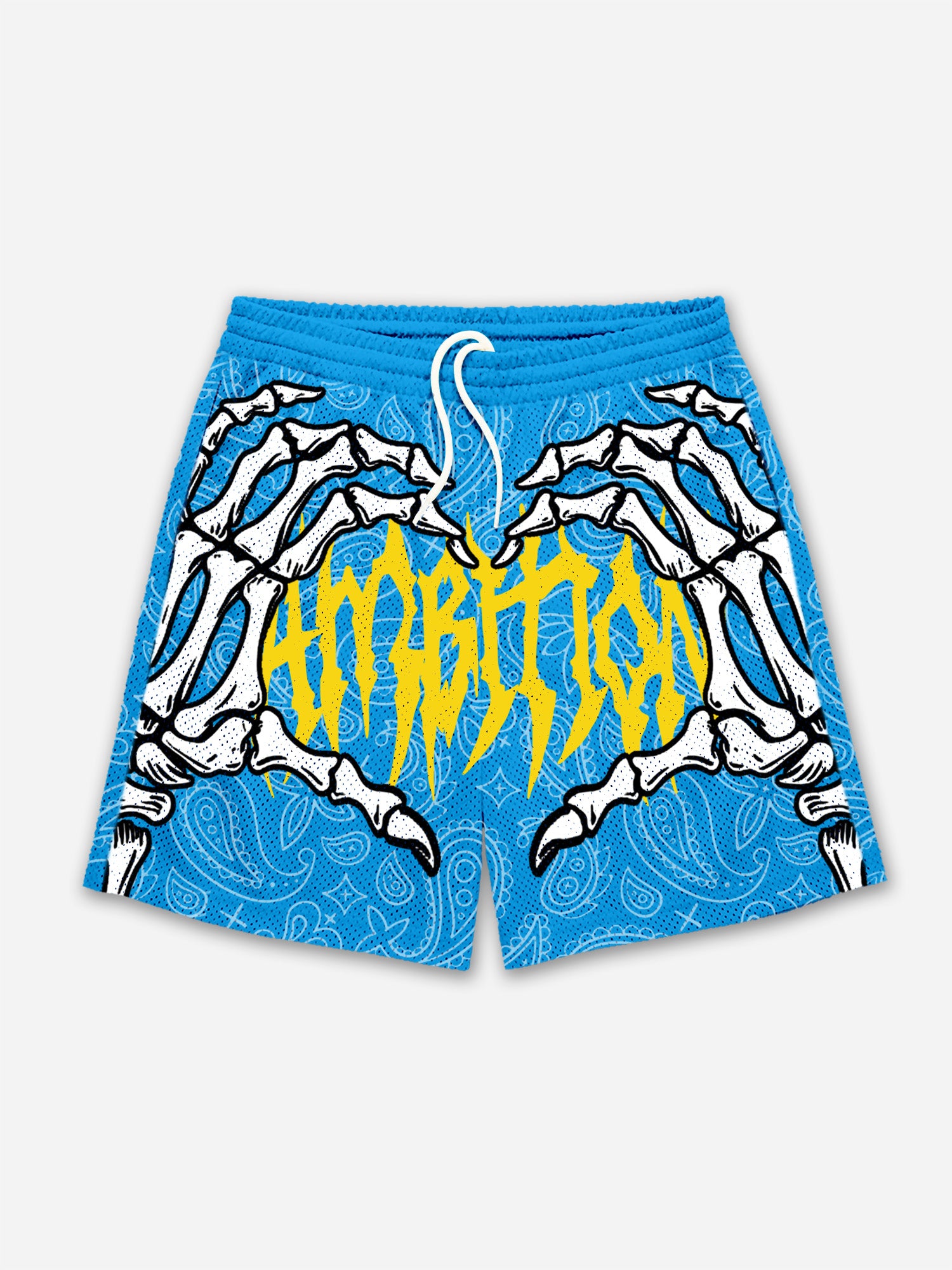 Ambition Skull Hand Cashew Flower Graphic Mesh Shorts