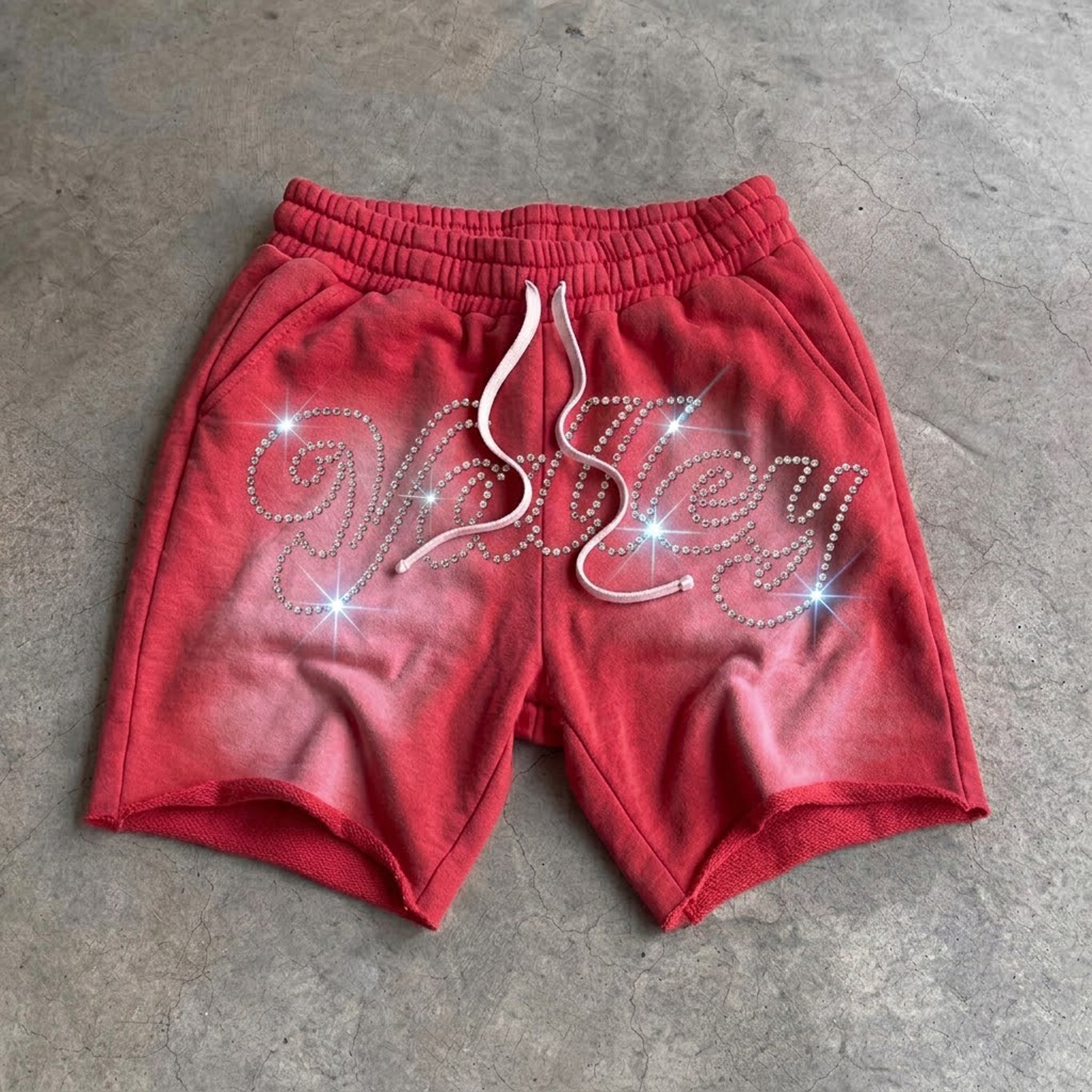 Rhinestone Embroidery Lettering Acid Washed Shorts