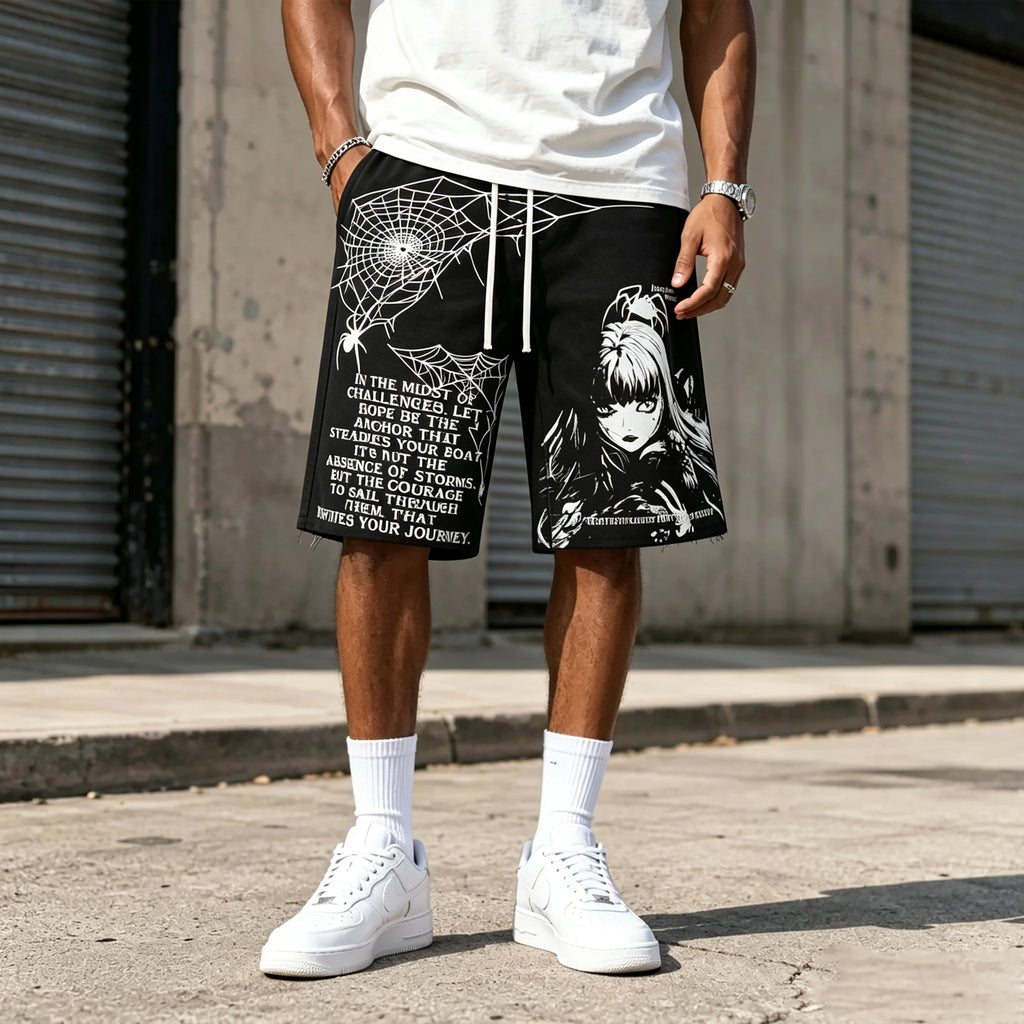 Men's Japanese Harajuku Casual Loose Fit Cartoon Print Pocket Drawstring Shorts