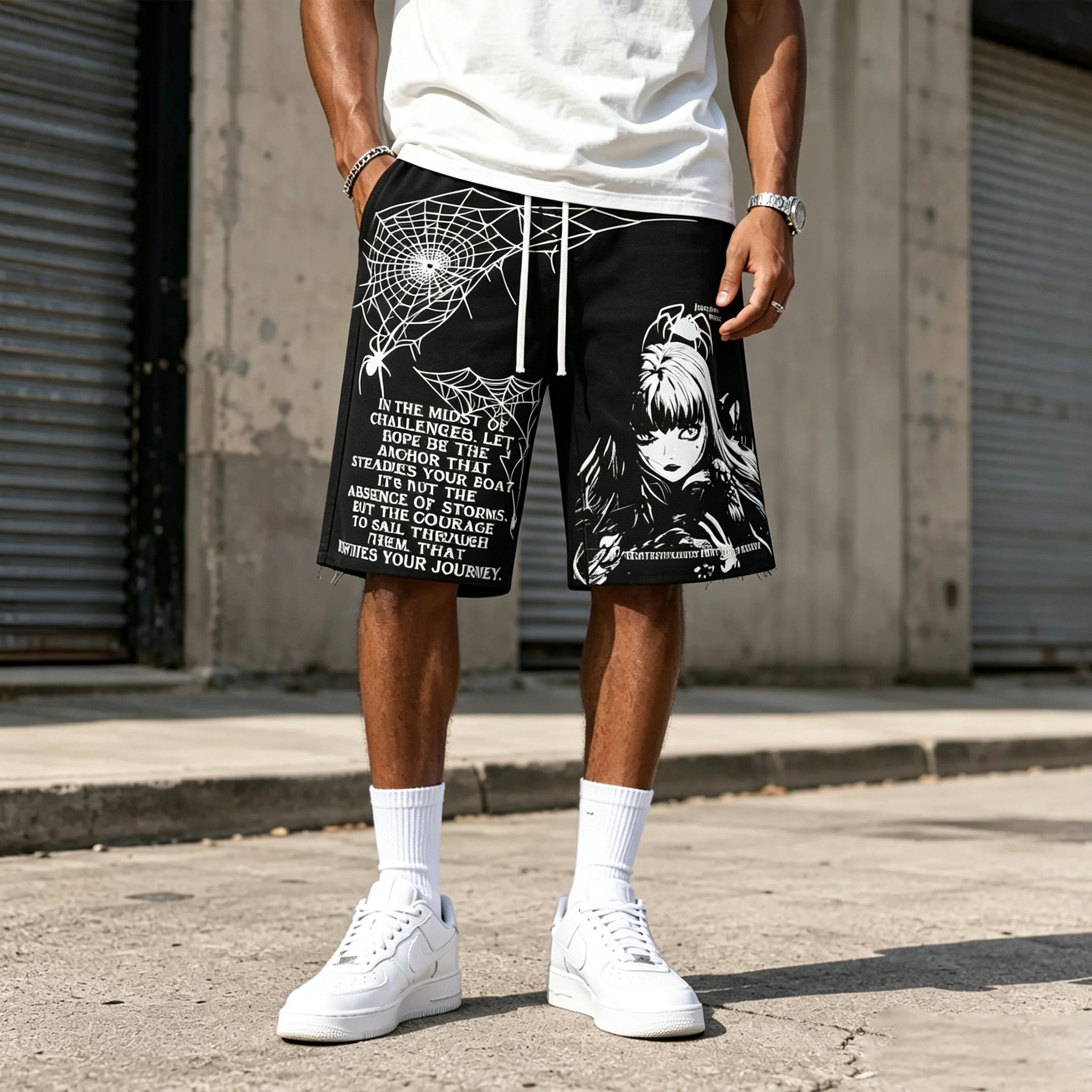 Men's Japanese Harajuku Casual Loose Fit Cartoon Print Pocket Drawstring Shorts