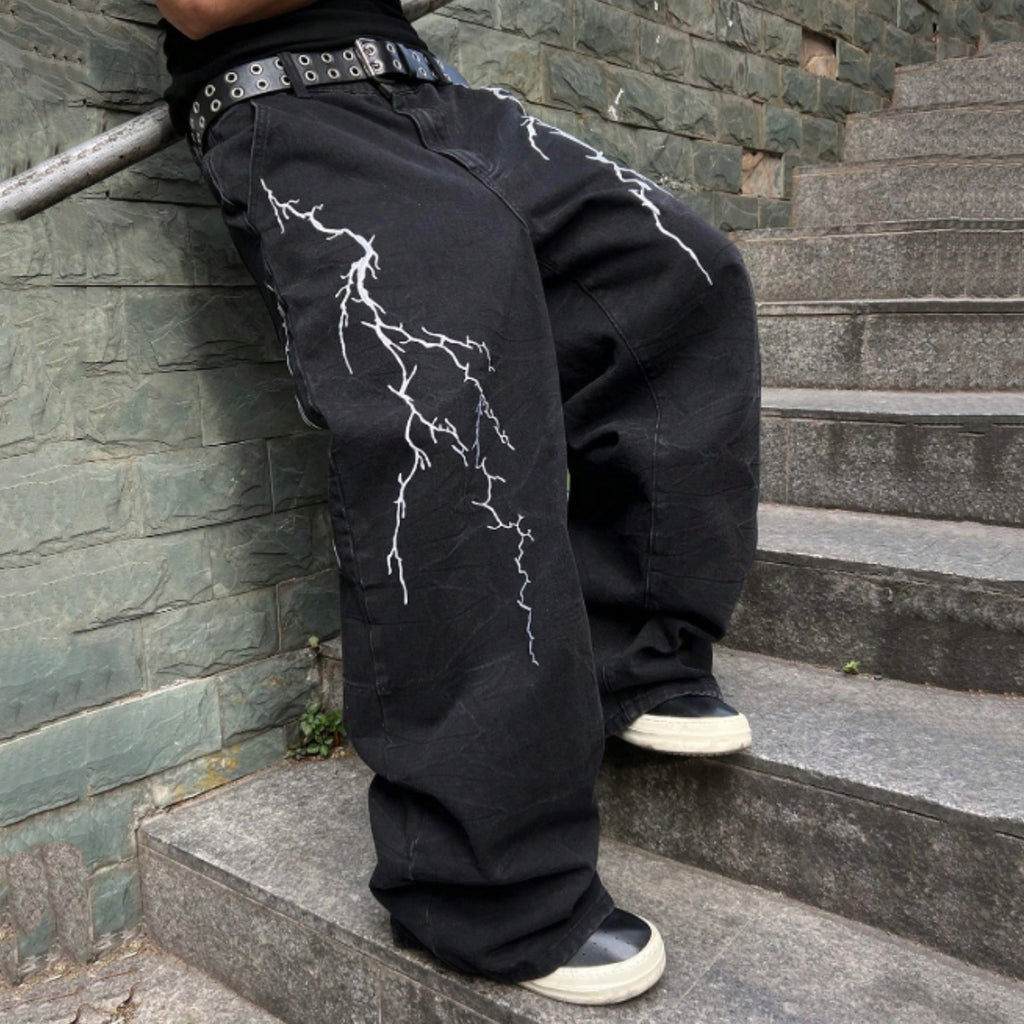Men's Lightning Bolt Embroidered Baggy Jeans