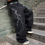 Men's Lightning Bolt Embroidered Baggy Jeans