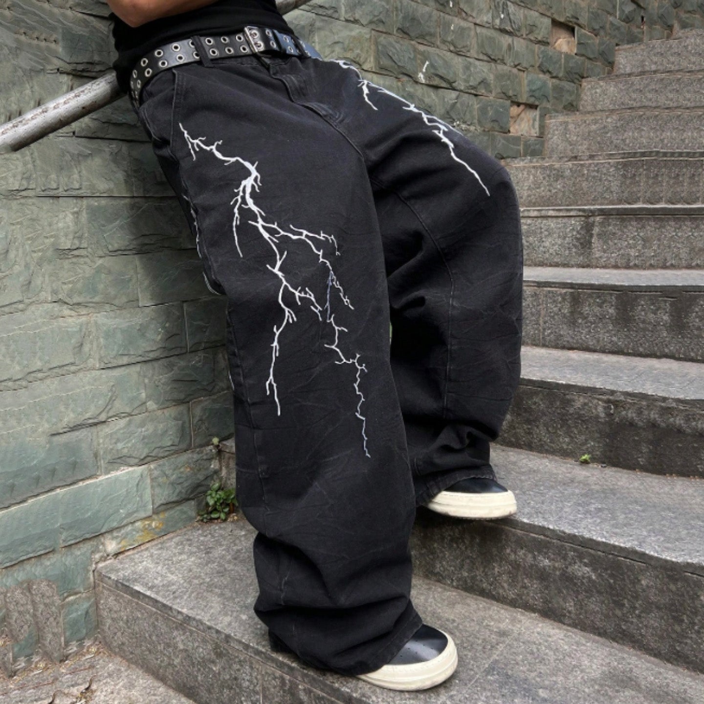 Men's Lightning Bolt Embroidered Baggy Jeans