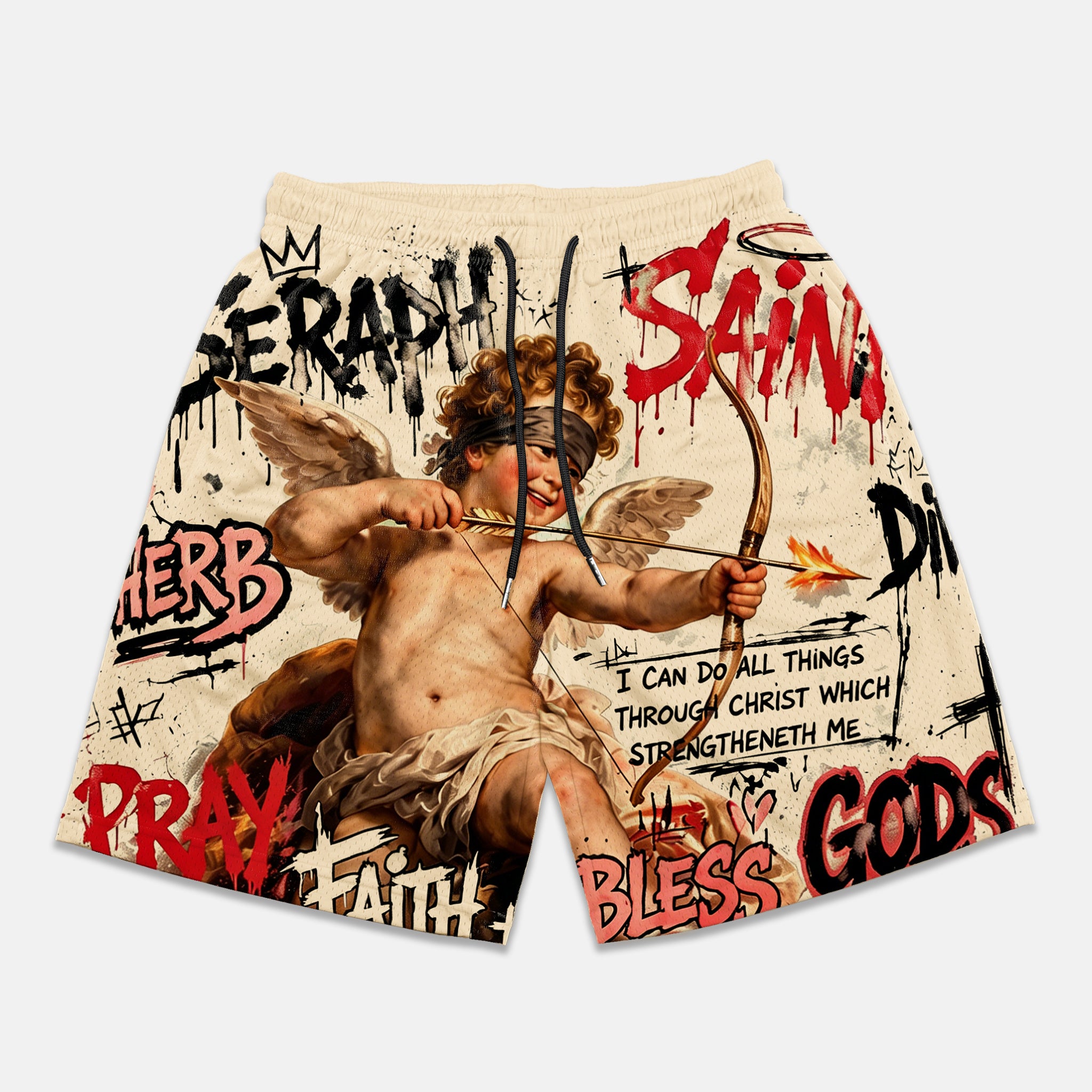 Doodle Angel God Bible Retro Graphic Mesh Athletic Shorts