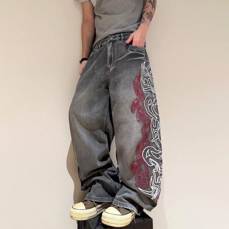 Retro Letter High Street Scimitar Stitching Wide Jeans