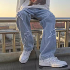 Men's Fashion Cross Lightning Patch Embroidered Street Jeans