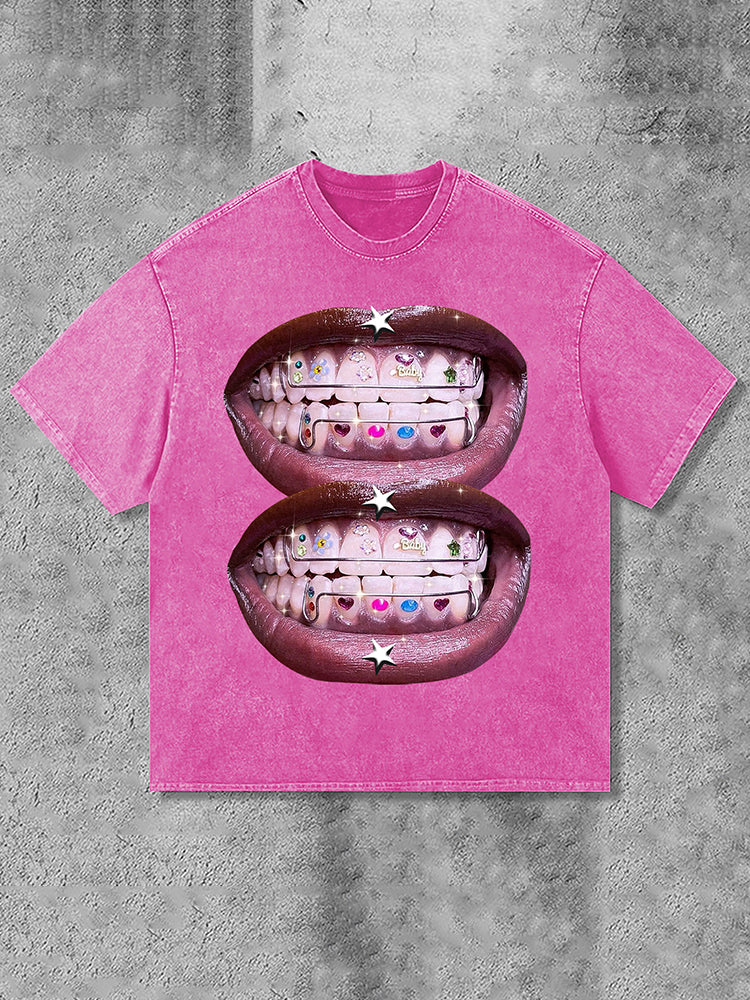 Personalized Lip Graphic Print Street Acid Washed T-Shirt