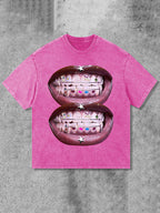 Personalized Lip Graphic Print Street Acid Washed T-Shirt