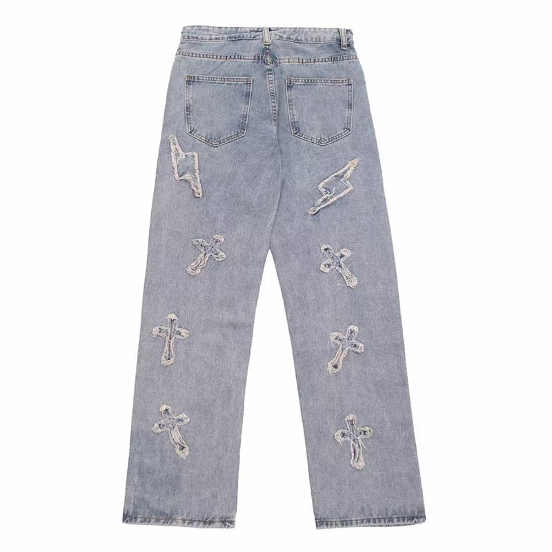 Men's Fashion Cross Lightning Patch Embroidered Street Jeans