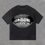 Mens Retro Casual Personalized Lip Print Acid Washed Short Sleeve T-Shirt