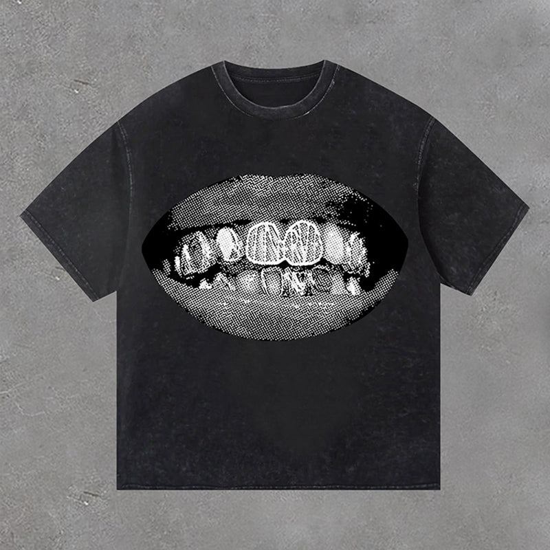 Mens Retro Casual Personalized Lip Print Acid Washed Short Sleeve T-Shirt
