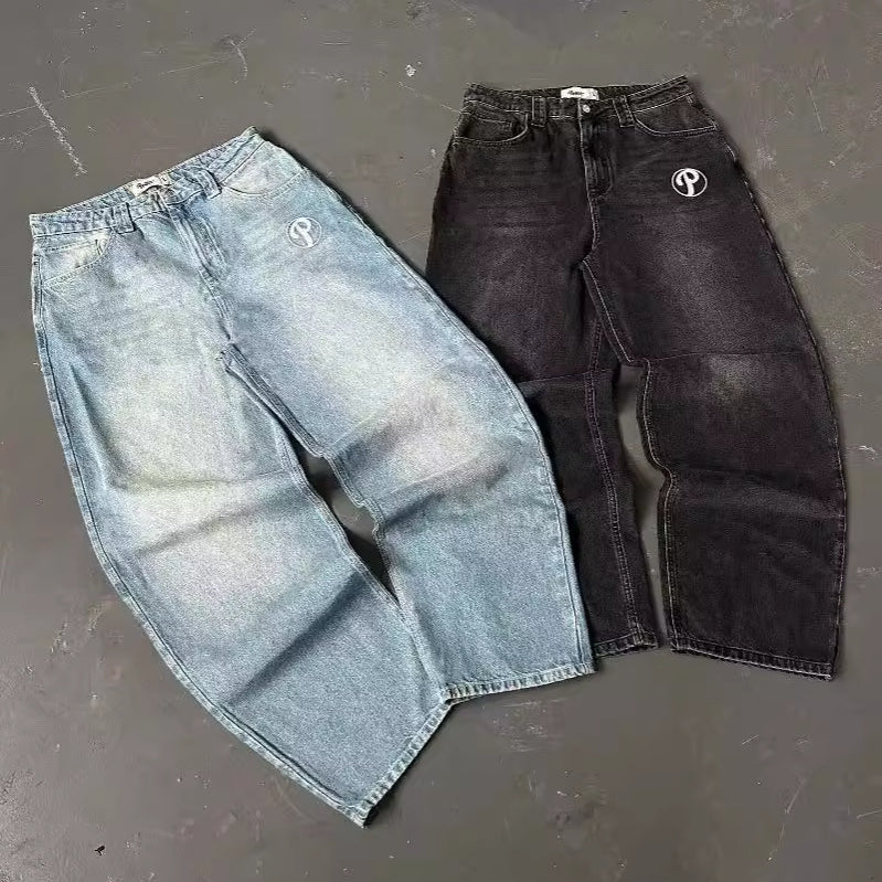 Men's Y2k Casual Patchwork Loose Curved  Baggy Jeans