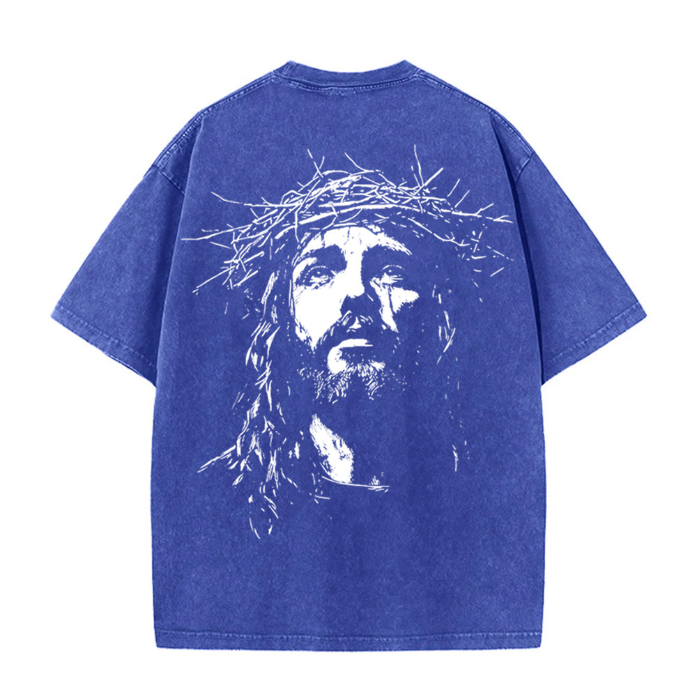 Jesus With Crown Of Thorns Graphic Acid Washed T-shirt
