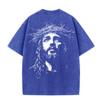 Jesus With Crown Of Thorns Graphic Acid Washed T-shirt