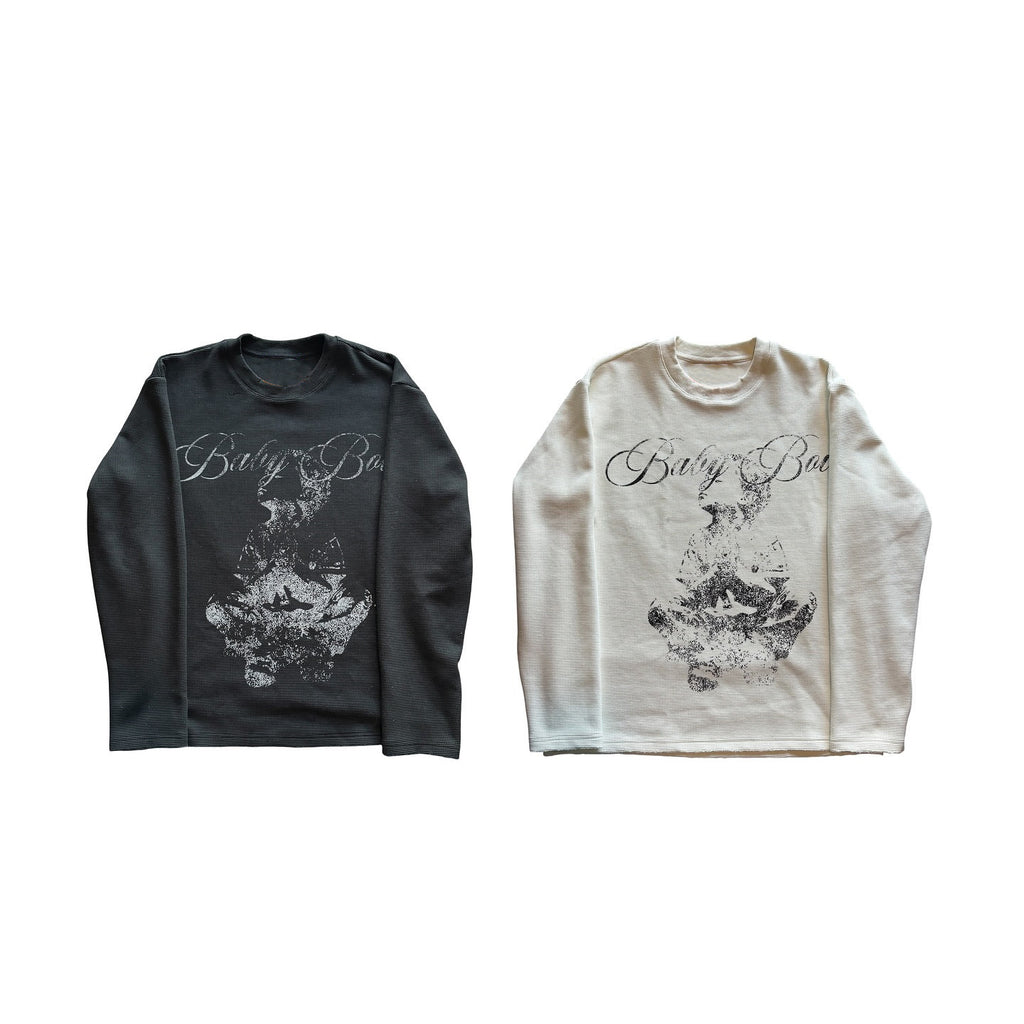 Retro Angel Saint Letter Print Waffle Knit Long-sleeve T-shirt