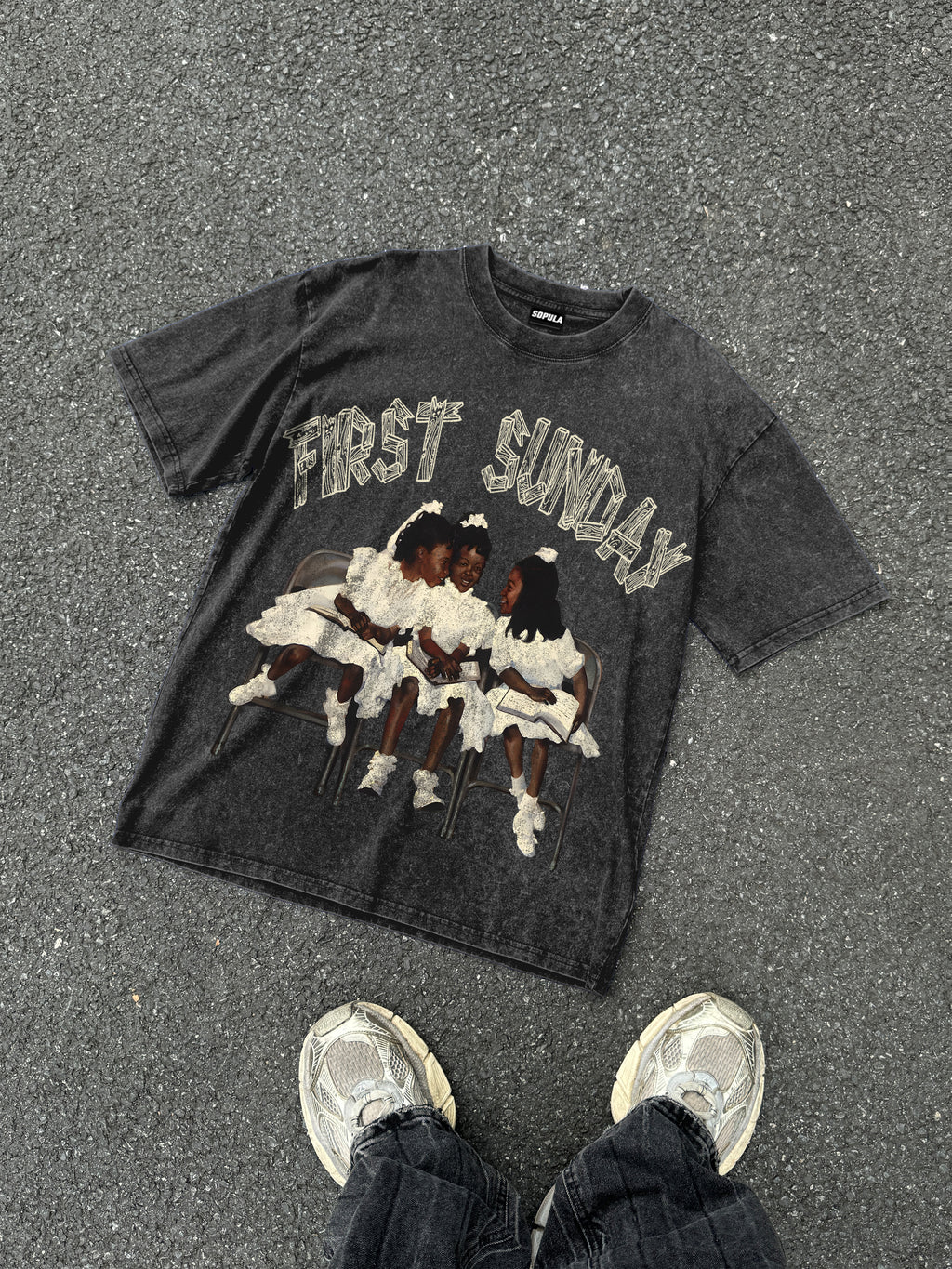 Retro First Sunday Faith Graphic Print Acid Washed T-shirt