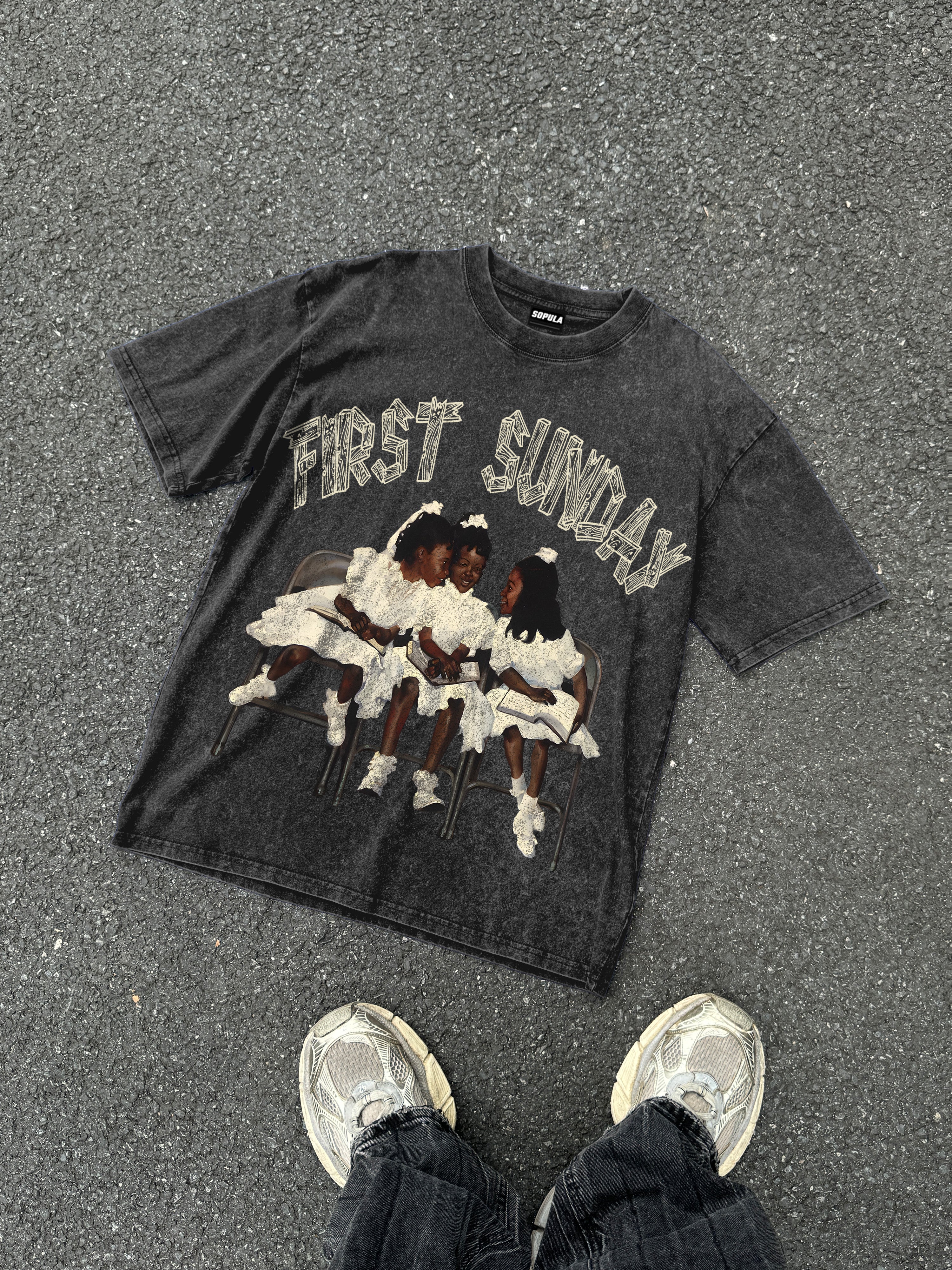 Retro First Sunday Faith Graphic Print Acid Washed T-shirt