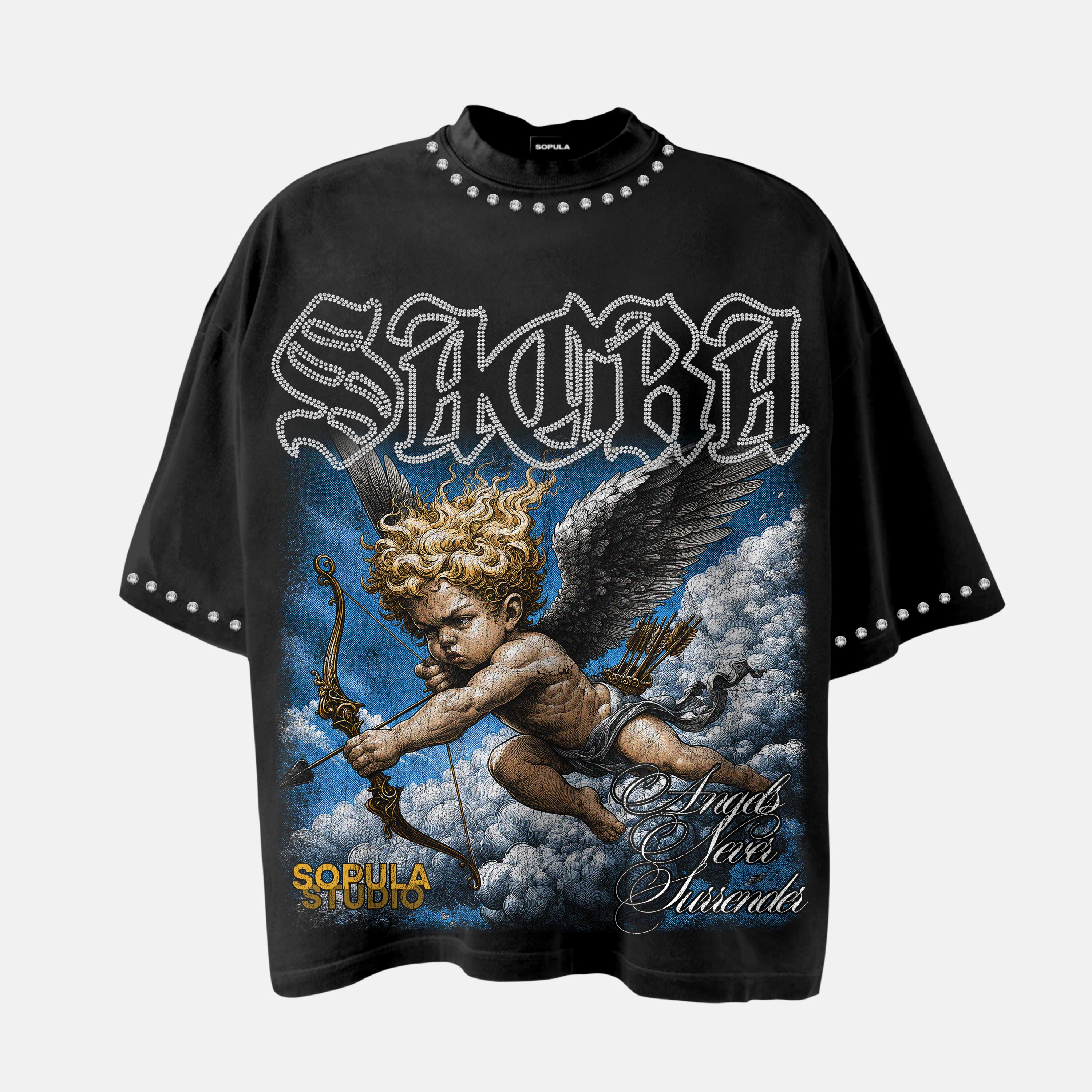 Sacra Angels Never Surrender Graphic Rhinestone Cotton T-shirt