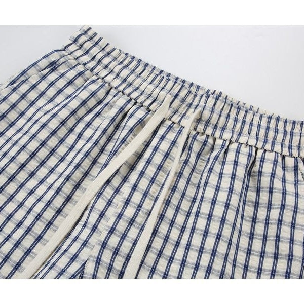 Drawstring Loose Textured Check  1/2 Shorts