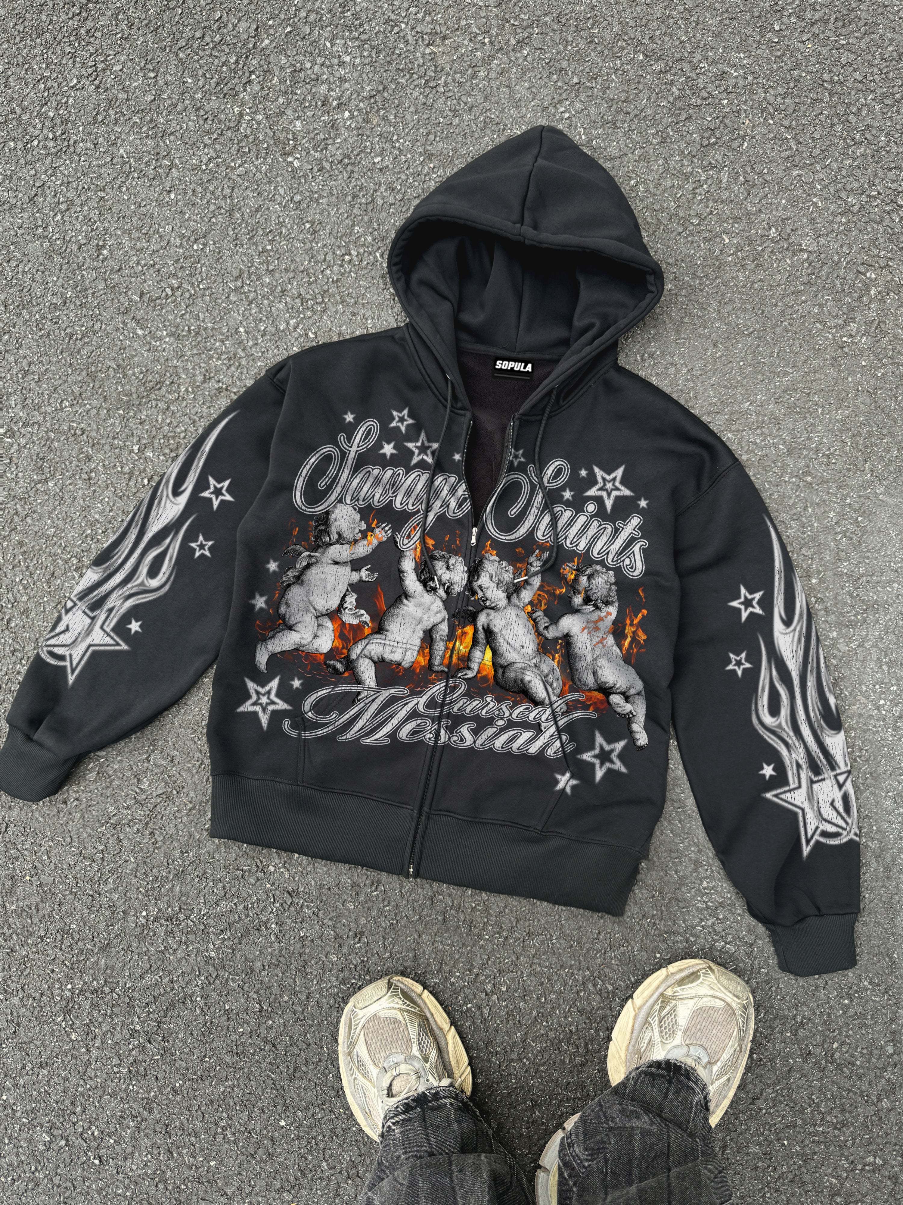 The Cursed Messiah Fallen Angel Vintage Graphic Zip-up Hoodie