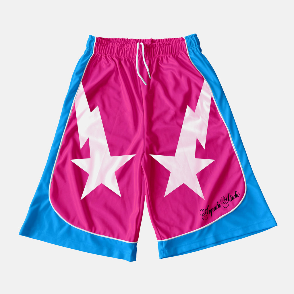 Star Graphic Pink And Blue Color Blocking Drawstring Shorts