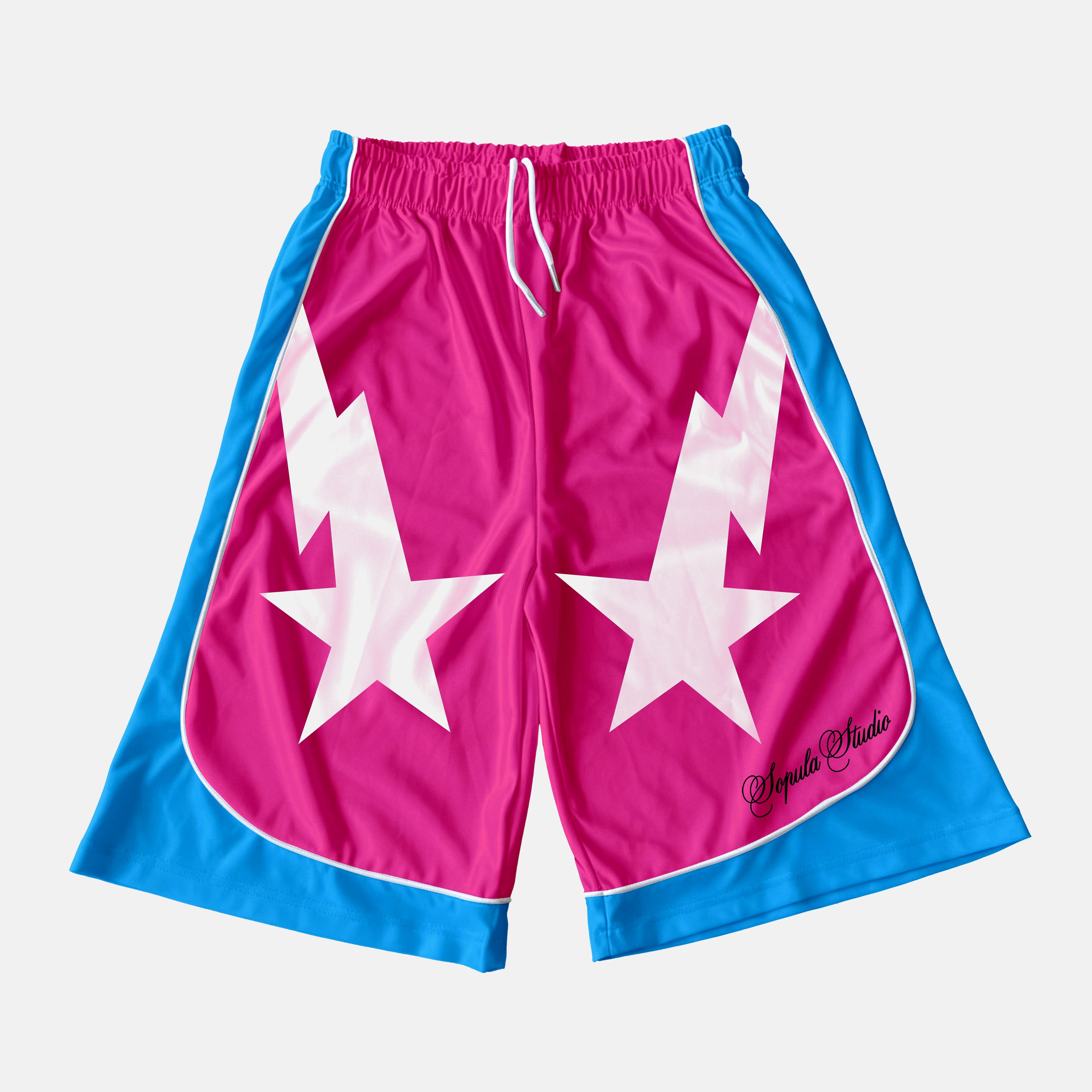 Star Graphic Pink And Blue Color Blocking Drawstring Shorts