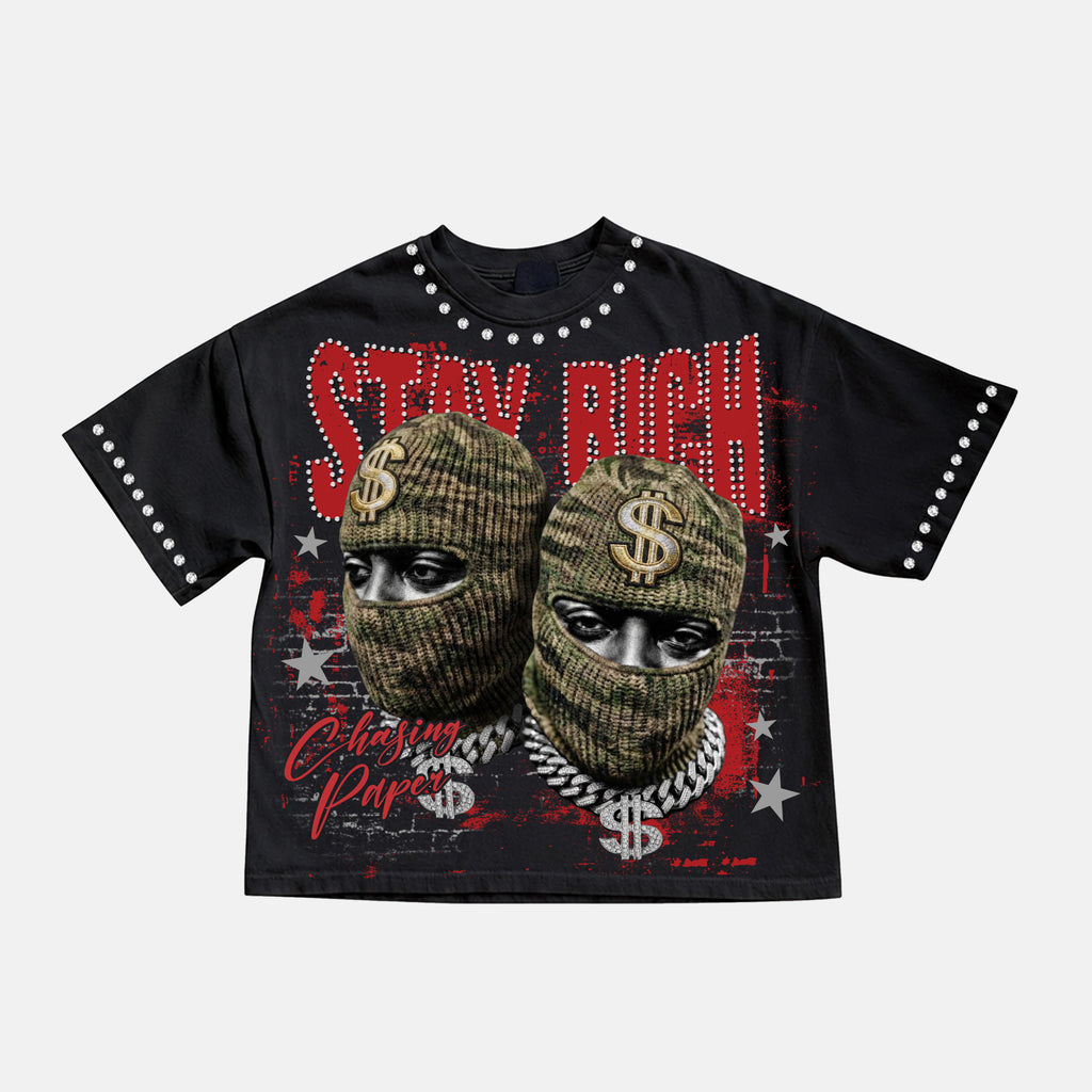 Stay Rich Street Money Character Graphic Rhinestone Cropped T-shirt