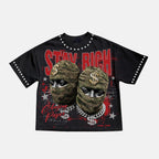 Stay Rich Street Money Character Graphic Rhinestone Cropped T-shirt