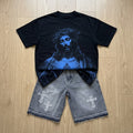 Vintage Jesus Print Graphic T-shirt & Cross Appliqué Denim Shorts Set