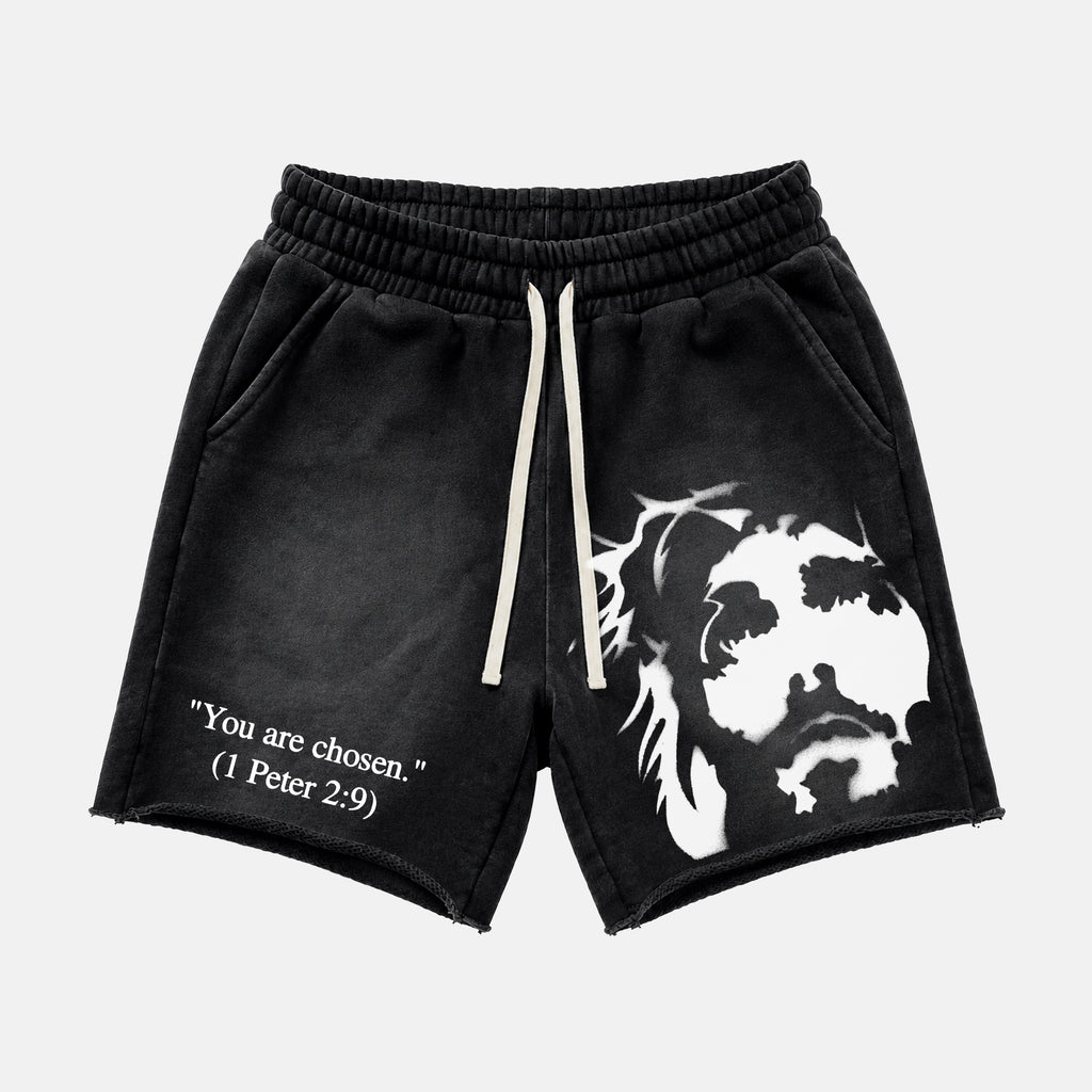 You Are Chosen Jesus Graphic Janky Washed Shorts