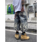 Hip-hop Washed Flame Pattern Loose Denim Shorts