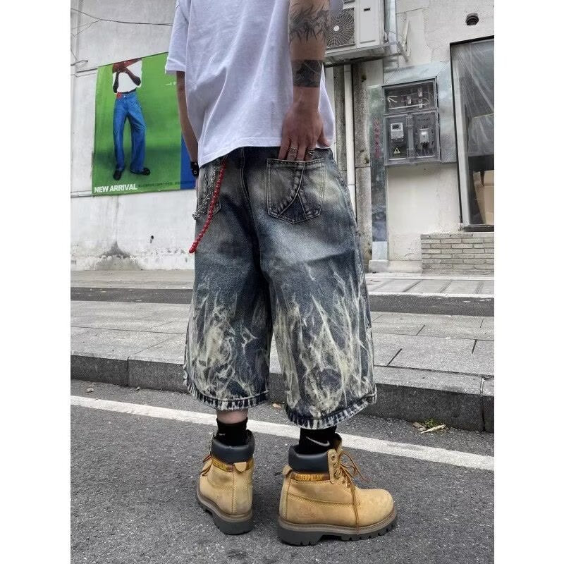 Hip-hop Washed Flame Pattern Loose Denim Shorts