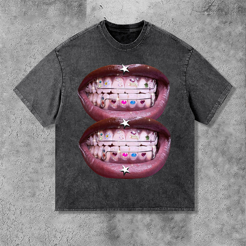 Personalized Lip Graphic Print Street Acid Washed T-Shirt