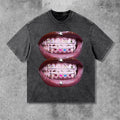 Personalized Lip Graphic Print Street Acid Washed T-Shirt