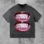 Personalized Lip Graphic Print Street Acid Washed T-Shirt