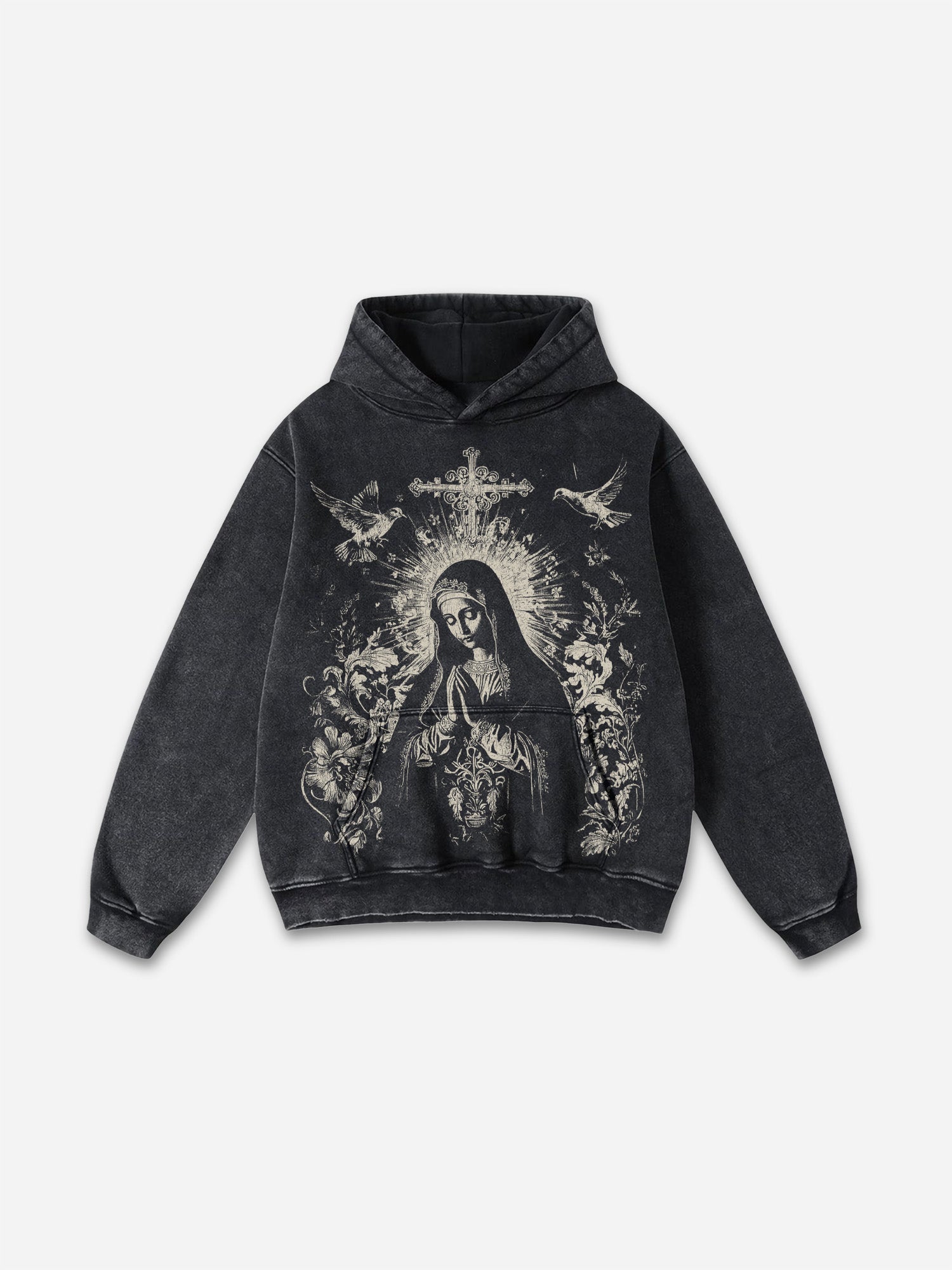 Virgin Mary Praying Vintage Graphic Washed Distressed Pocket Hoodie