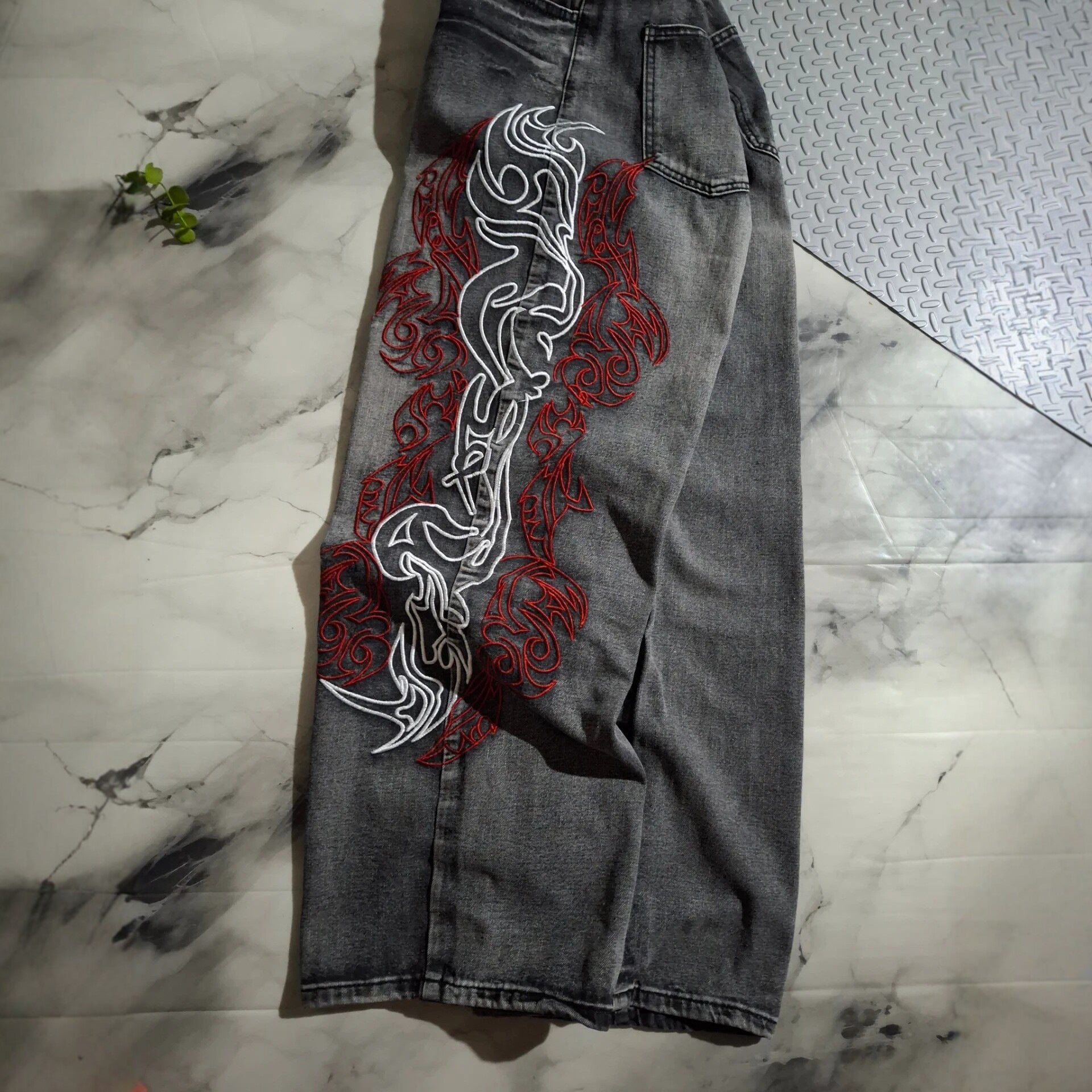 Retro Letter High Street Scimitar Stitching Wide Jeans