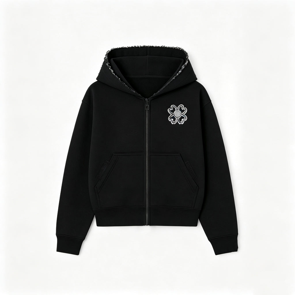 Stylish Four-leaf Clover Embroidered Zip-up Sweatshirt And Sweatpants Set