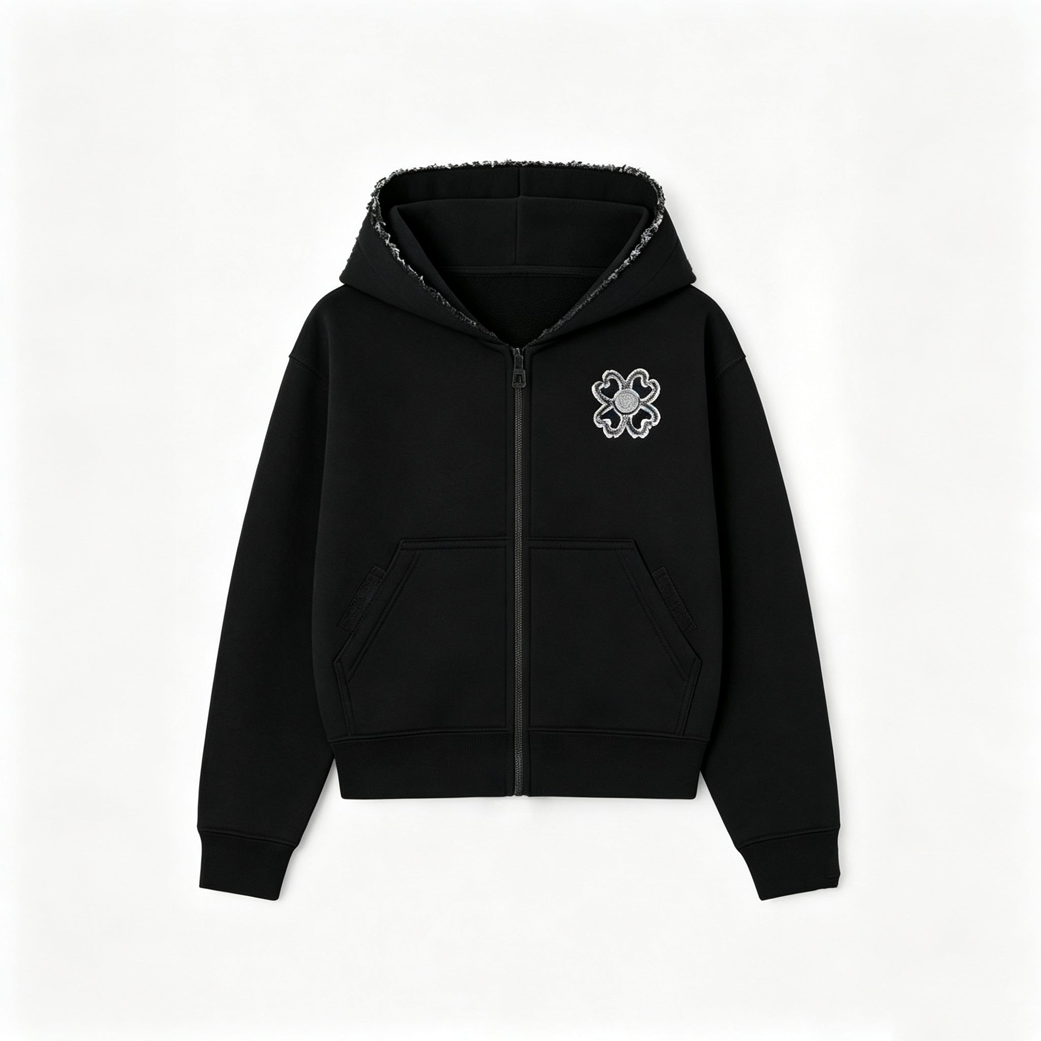 Stylish Four-leaf Clover Embroidered Zip-up Sweatshirt And Sweatpants Set